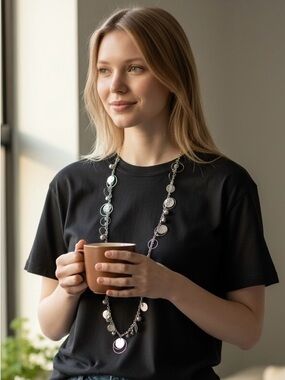 NECKLACE MULTIPLE SILVER DISCS  CHAIN Woman’s Long VGC